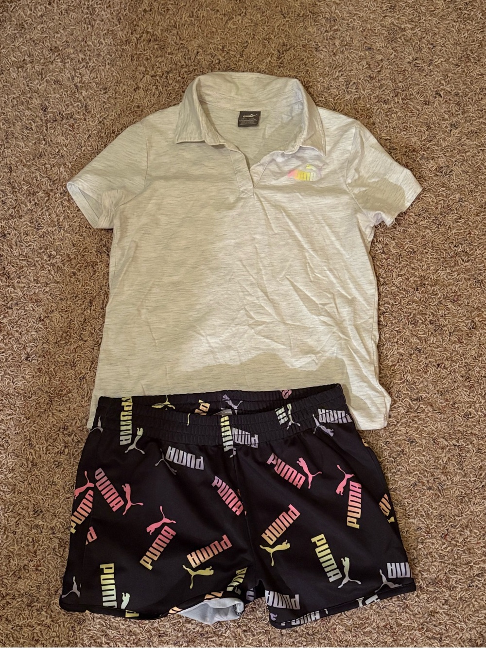 Puma Black Athletic Shorts Outfit with Multicolor Logo Print - Picture 1 of 4